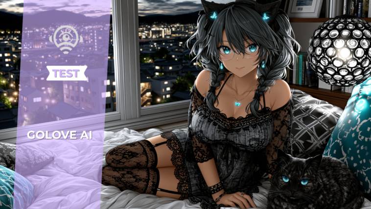 Personnage Hentai AI aux cheveux noirs allongé sur un lit devant une fenêtre avec vue nocturne sur la ville