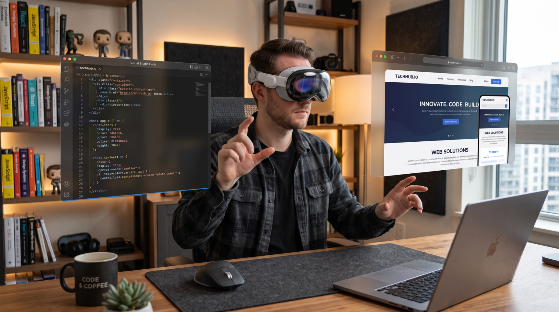 Un programmeur qui utilise un casque avec le système VisionOS 3.