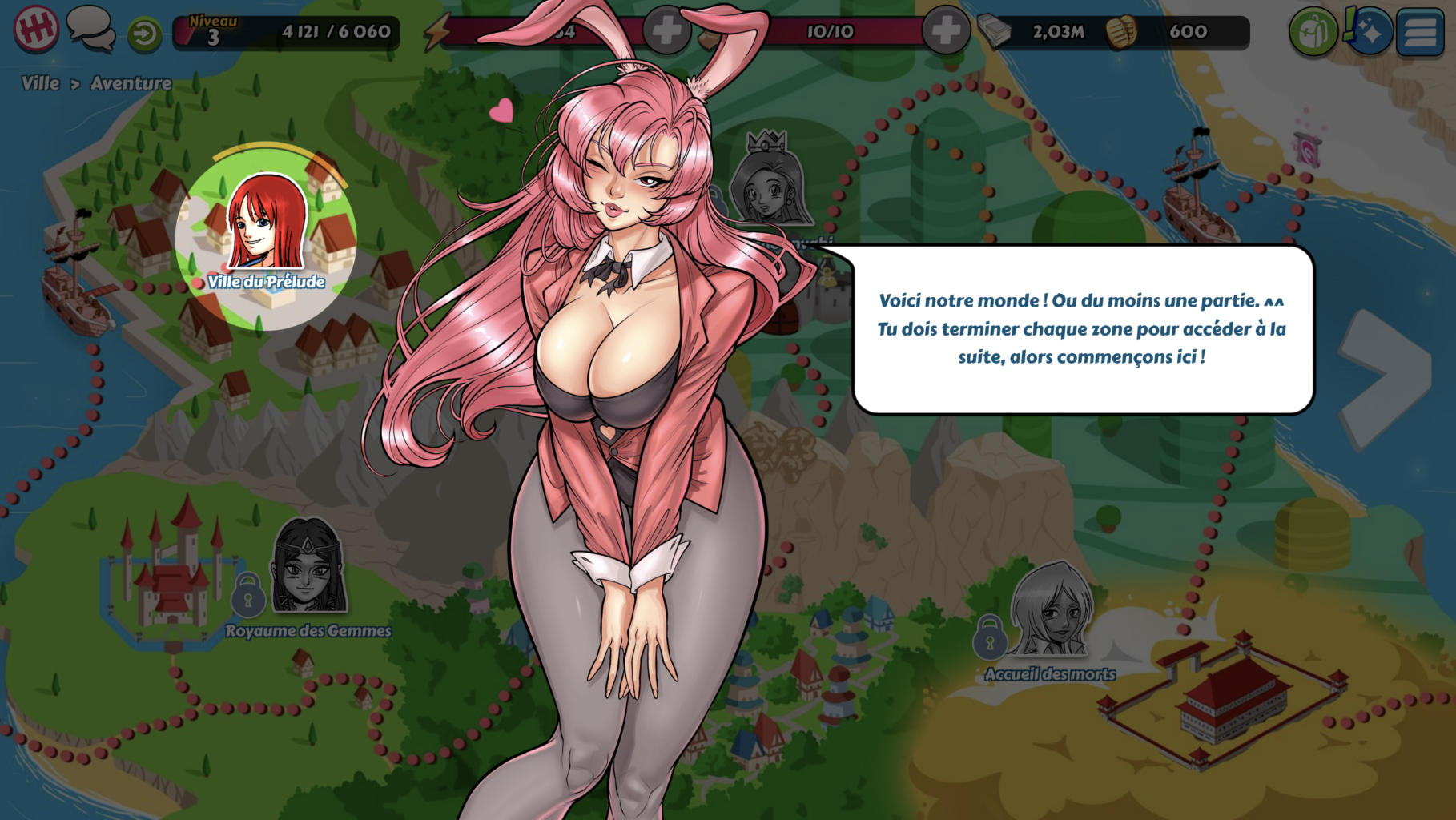 Tutoriel de Hentai Heroes présentant le premier monde avec une héroïne en costume de lapine guidant le joueur sur la carte d'aventure.