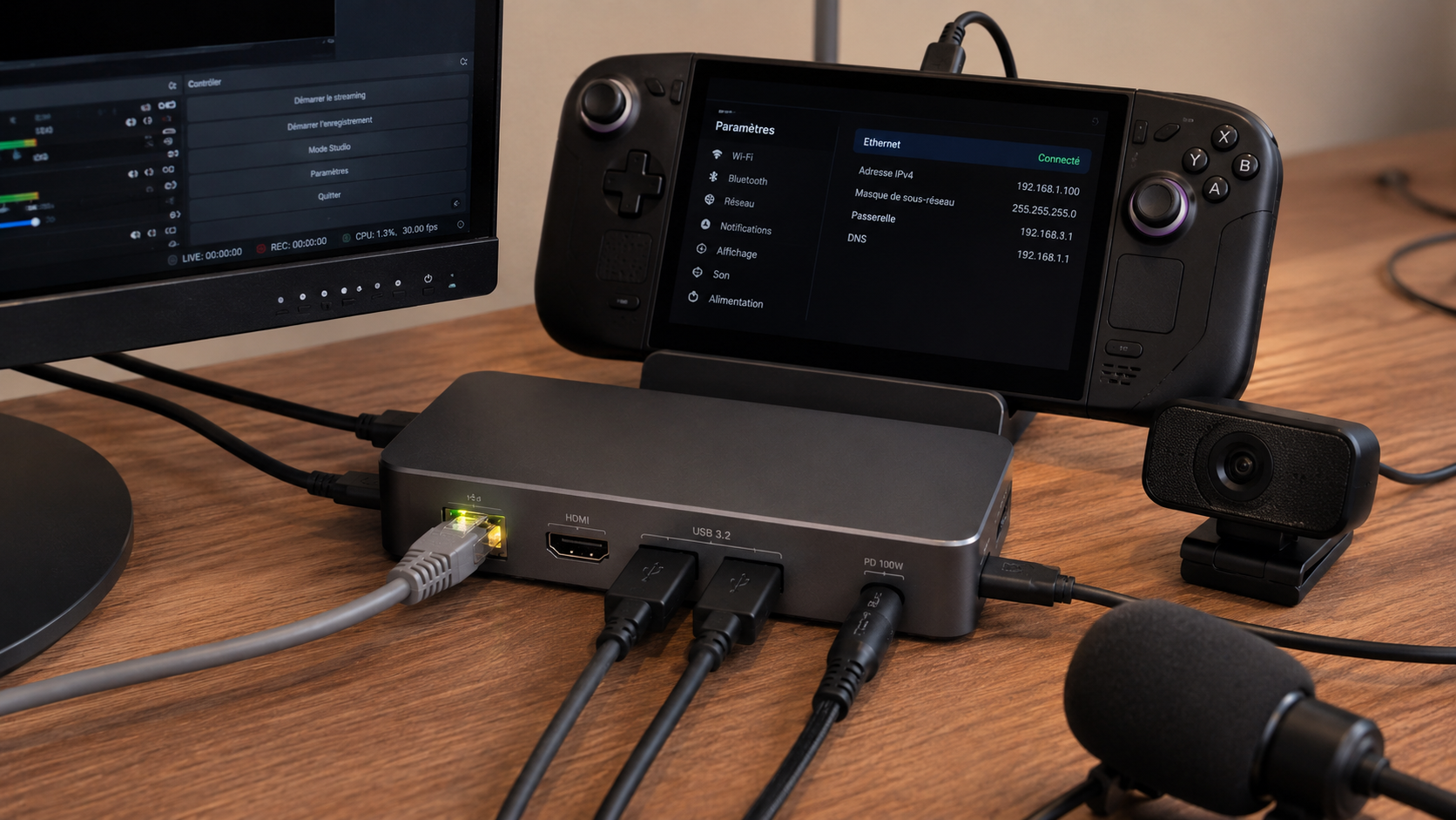 console portable connectée à une station USB
