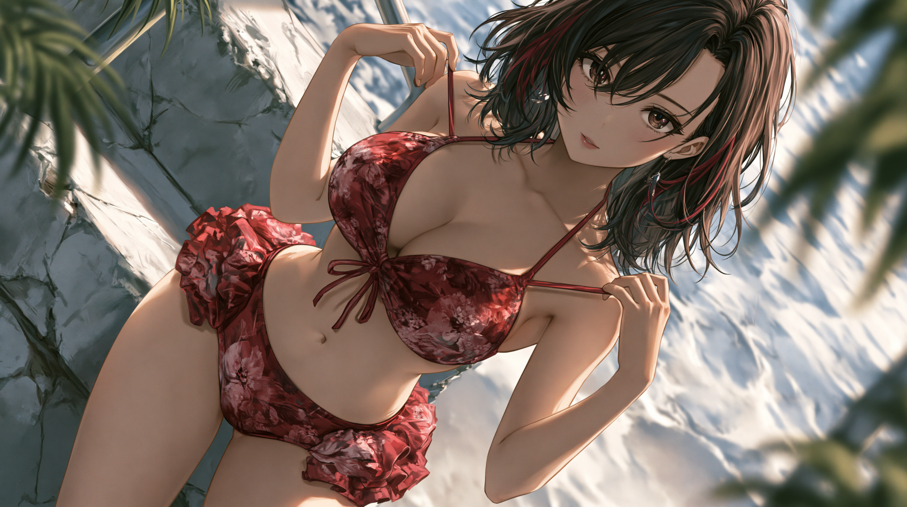 Personnage Hentai AI en bikini rouge sur une plage, regardant l'objectif dans une pose suggestive