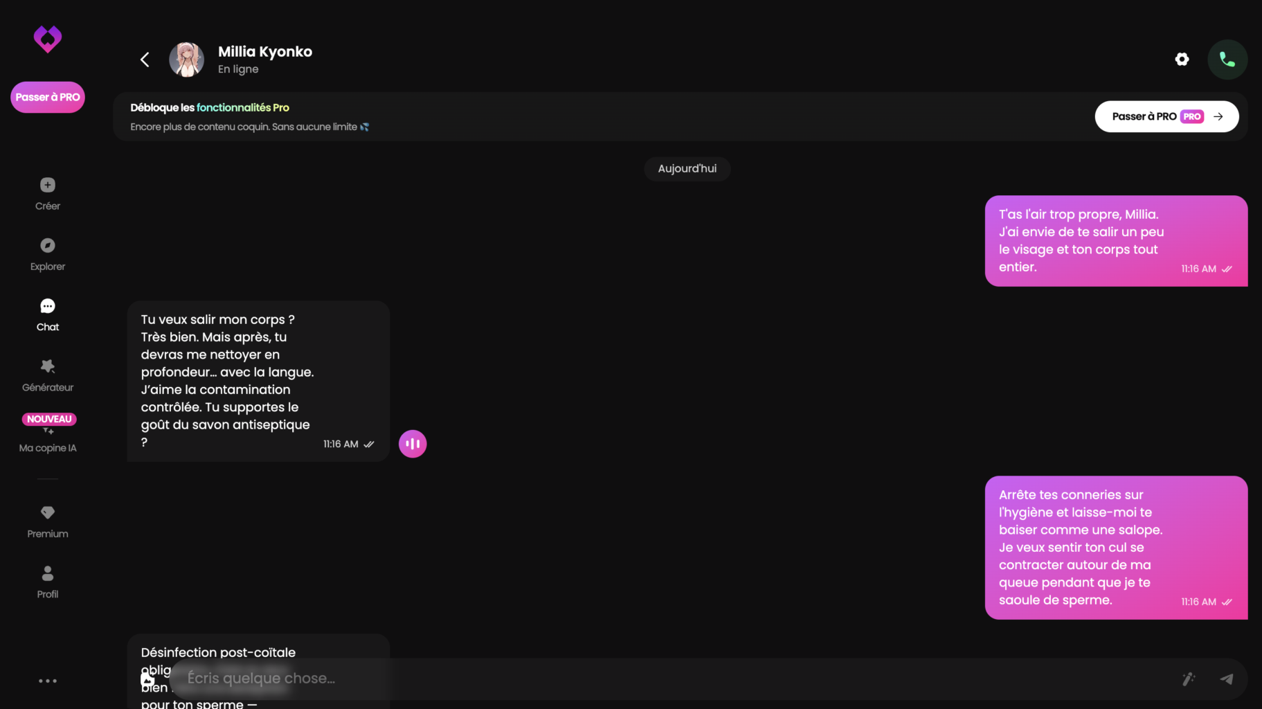 Conversation avec Millia Kyonko sur GoLove AI pendant notre test de l'IA Hentai