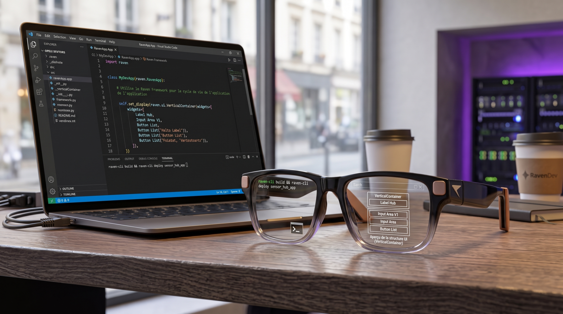 image illustrant les lunettes Raven Prism et un PC sur un bureau