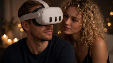 VR Porn pas cher; homme qui porte un casque Meta Quest 3 avec une femme