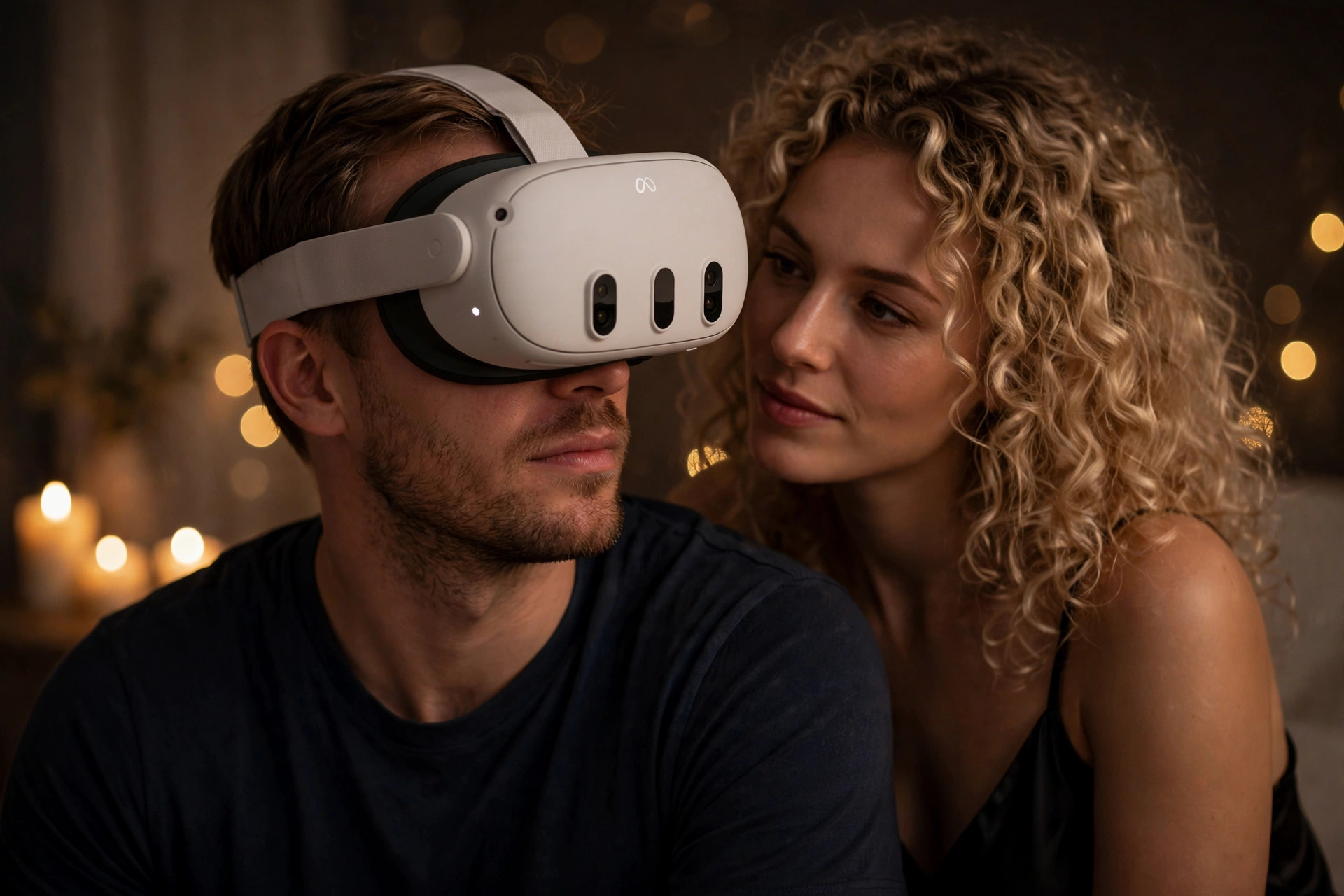 VR Porn pas cher; homme qui porte un casque Meta Quest 3 avec une femme