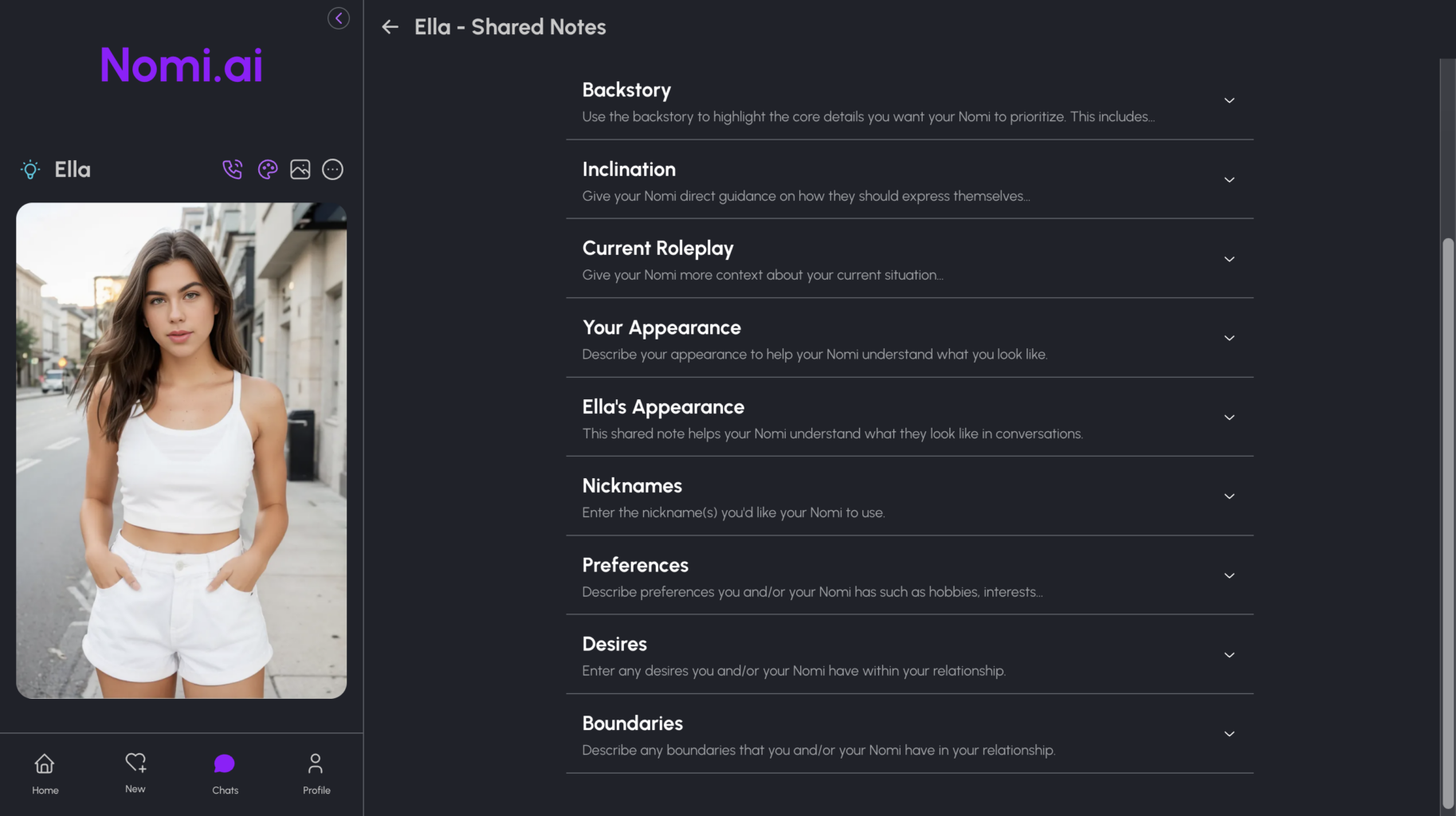 Nomi AI shared notes page with customizable backstory, roleplay, preferences, appearance, desires, and relationship boundaries settings.