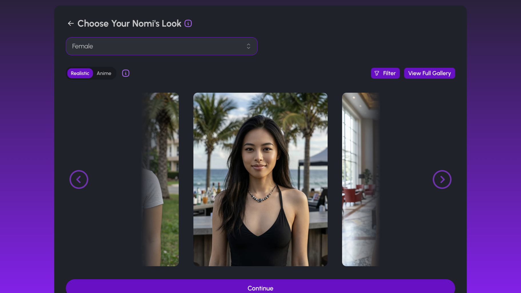 Nomi AI character creation screen showing realistic female avatar selection with customizable appearance gallery and filters.