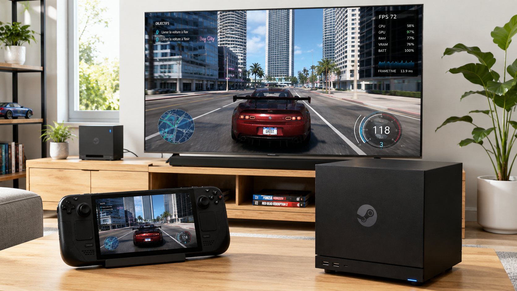 rendu graphique de la Steam Machine et d'une console portable