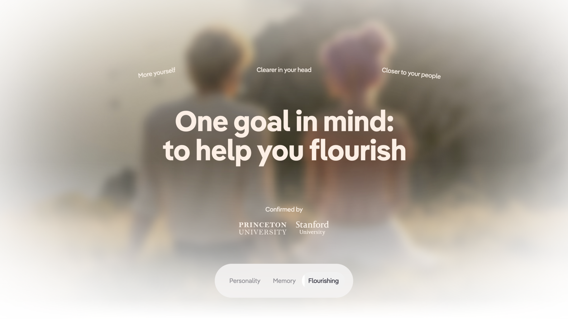 Replika highlighting its wellbeing features, memory system, and emotional support designed to help users flourish through AI companionship.