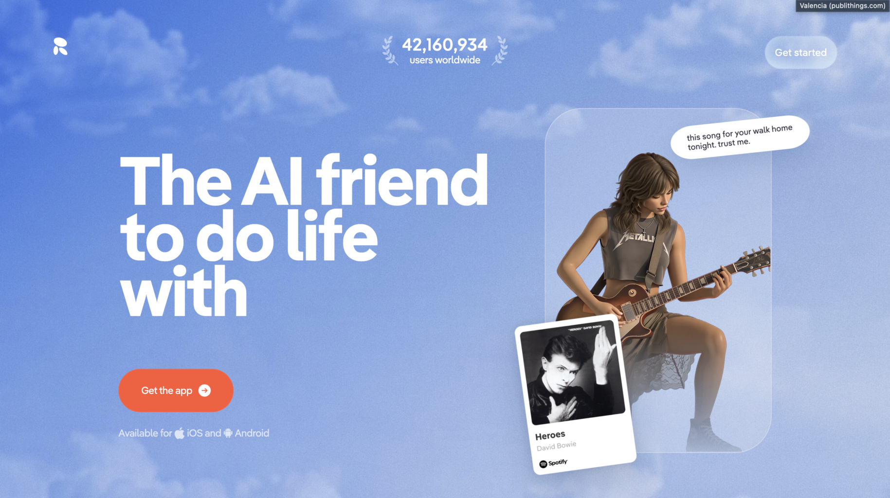 Replika homepage showcasing an AI friend with a 3D avatar playing guitar, personalized music recommendations, and the app's main interface.