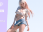 A stylized 3D female avatar with long platinum-blonde hair, fair skin, and large expressive eyes. She wears a cropped white sailor-style top and light blue shorts, striking a relaxed pose against a clear blue sky.