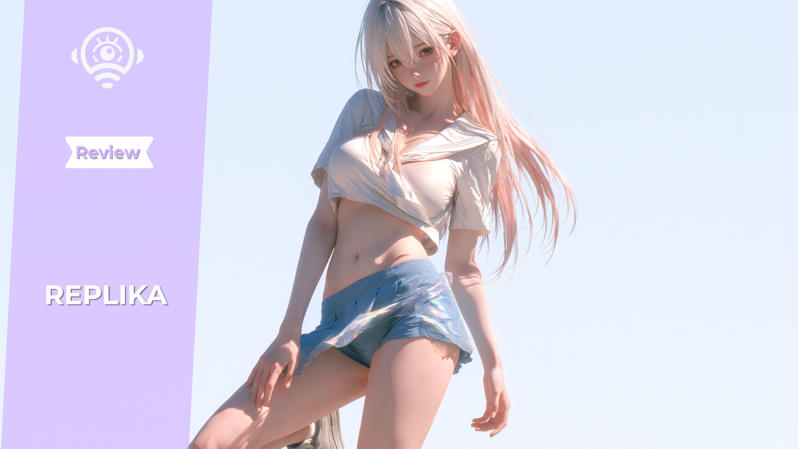 A stylized 3D female avatar with long platinum-blonde hair, fair skin, and large expressive eyes. She wears a cropped white sailor-style top and light blue shorts, striking a relaxed pose against a clear blue sky.
