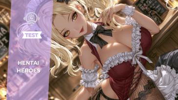 Femme blonde aux longs cheveux en tenue de serveuse sexy, regard séduisant, portant un corset bordeaux, des bas résille et un grand nœud noir dans un bar