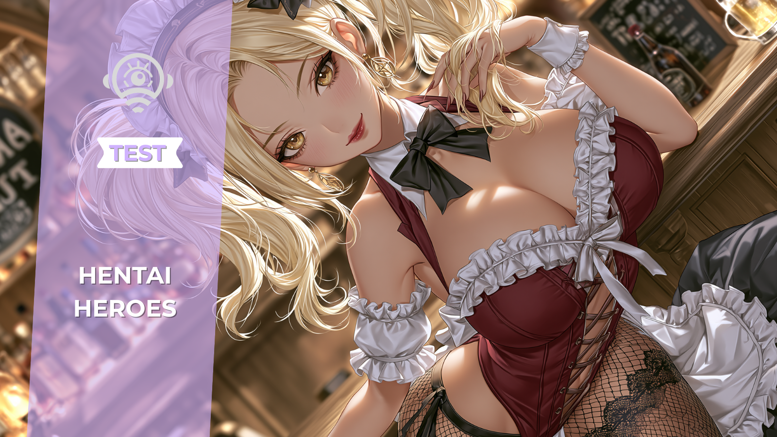 Femme blonde aux longs cheveux en tenue de serveuse sexy, regard séduisant, portant un corset bordeaux, des bas résille et un grand nœud noir dans un bar