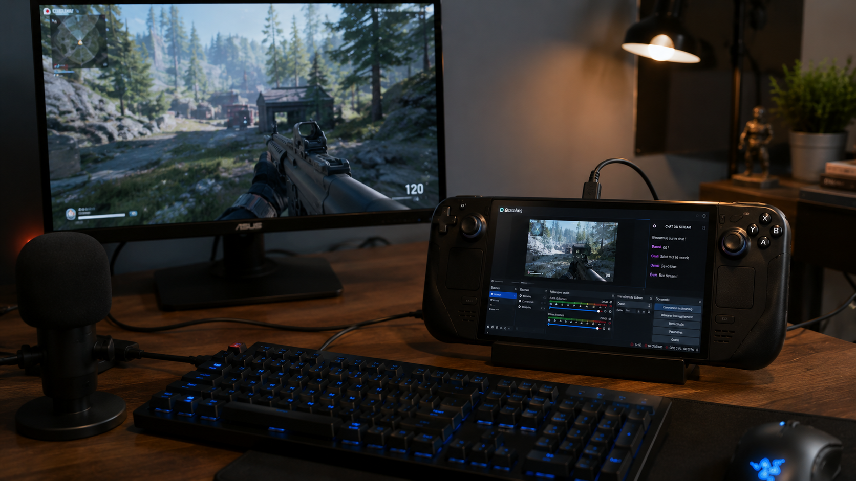 un set-up pour streamer avec une console portable
