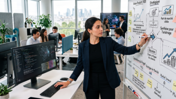 Une étudiante suit une formation en IA alliant compétences techniques et vision stratégique.